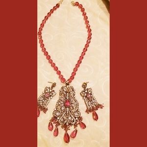 Pink semi precious victorian necklace & earring se